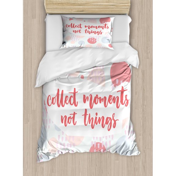 Saying Duvet Cover Set Twin Size, Paintbrush Strokes and Cursive Calligraphy Pastel Blots and Dots Print, Decorative 2 Piece Bedding Set with 1 Pillow Sham, Coral and Multicolor, by Ambesonne