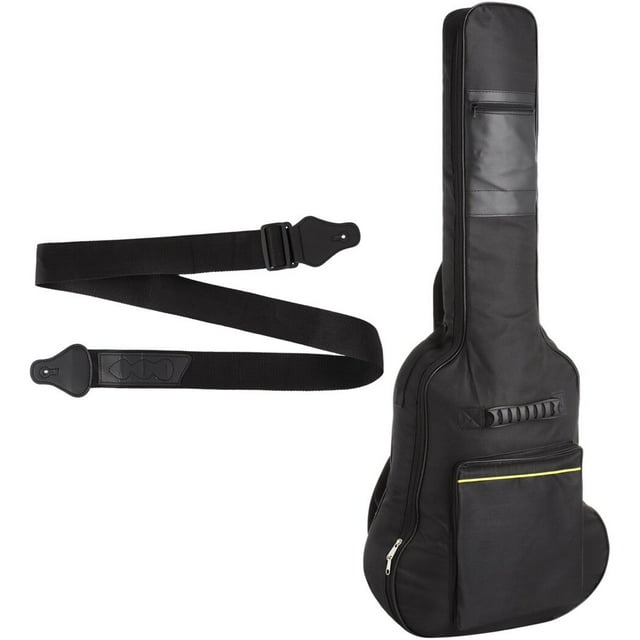 2 Pcs Guitar Accessory Kit featuring a black 40-41 inch guitar gig bag and adjustable guitar strap. The gig bag is made of water-resistant Oxford cloth with thick sponge padding for shockproof protection, designed to fit Yamaha FS800 acoustic guitars. It includes two multifunctional pockets for accessories like tuners, strings, and pedals. The adjustable strap, made of durable nylon, offers a length of up to 56 inches for comfortable portability.
