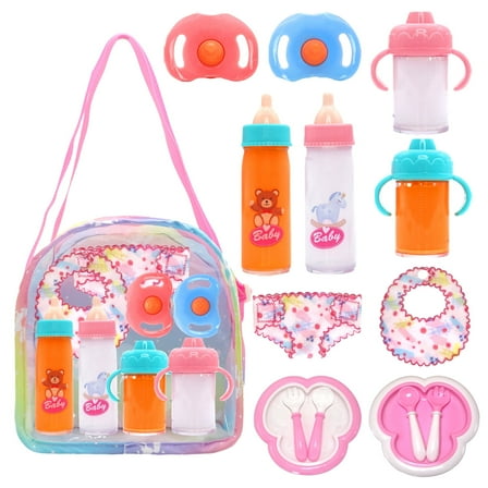 LINXUXIE 15 Pcs Baby Doll Accessories Bottle Set, Pretend Play Feeding Toy Set with Package, Birthday Gifts for Kids 3-5 5-8 Year Old