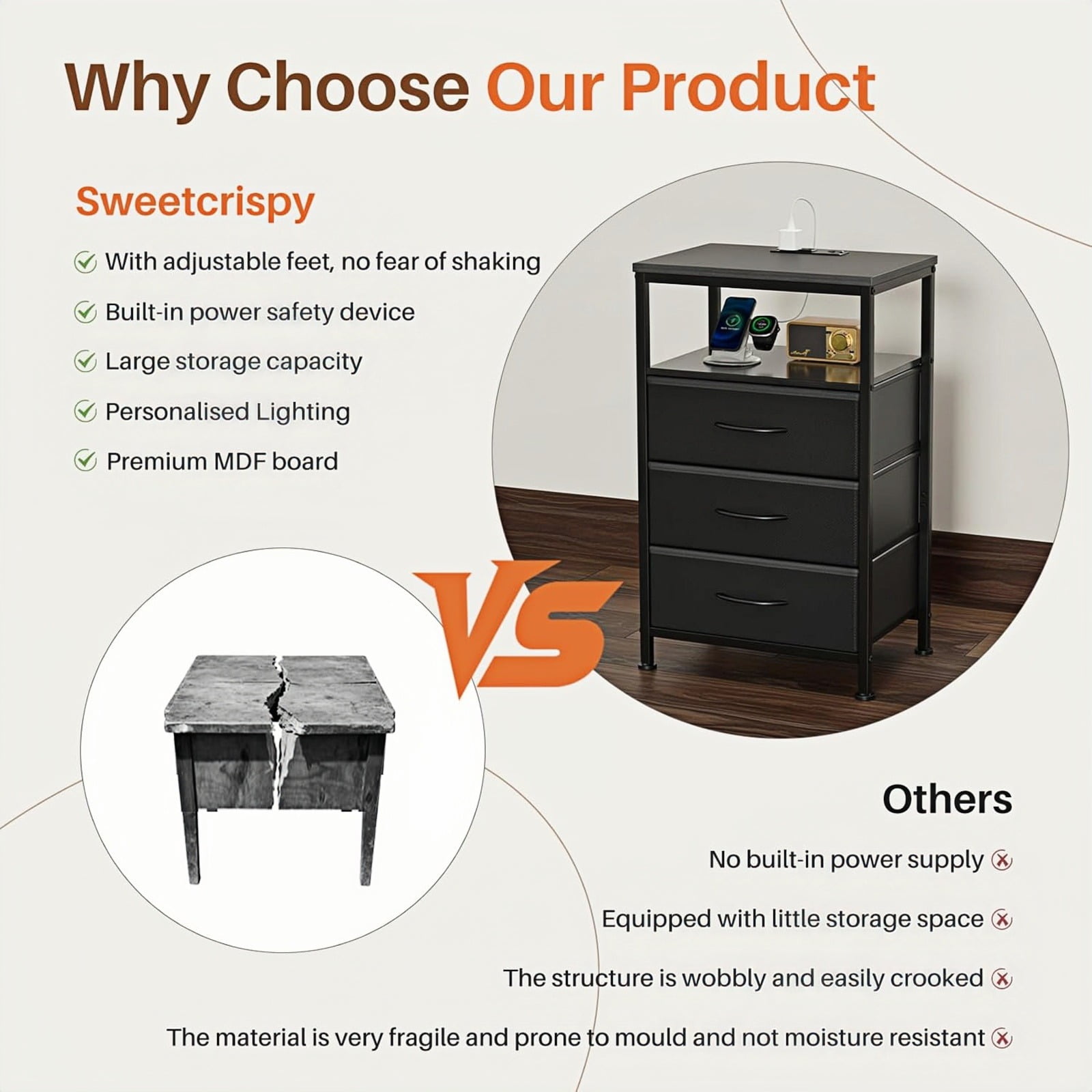 Nextay 3 Fabric Drawers Nightstand with Charging Station, LED Light Strip Bedside End Table with USB/Type-C Ports and Outlets & Adjustable Feet for Bedroom, Black