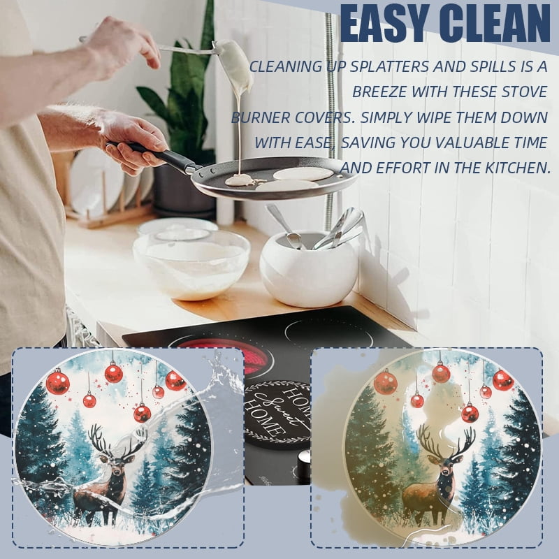4 Pieces Christmas Round Stove Burner Covers Set, Xmas Snowy Deer Gas Stove Burner Covers Expands Usable Space for kitchen Holiday Decor, 2 Pieces 8 Inches and 2 Pieces 10 Inches