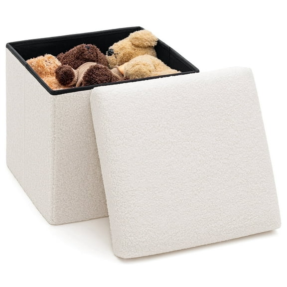 Lusimo Boucle Small ottoman with storage for living room, 15" Folding storage bench Foot Rest, End of Bed Bench for Bedroom Entryway, Faux Shearling Fabric Cube Seat White