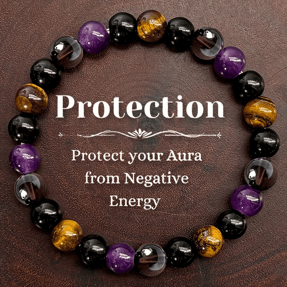 Protect Bracelet, Amethyst, Citrine, Black Tourmaline Rainbow Obsidian Tiger Eye