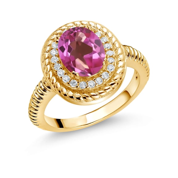 Gem Stone King 2.46 Ct Oval Pink Mystic Topaz 18K Yellow Gold Plated Silver Halo Engagement Ring (Size 6)