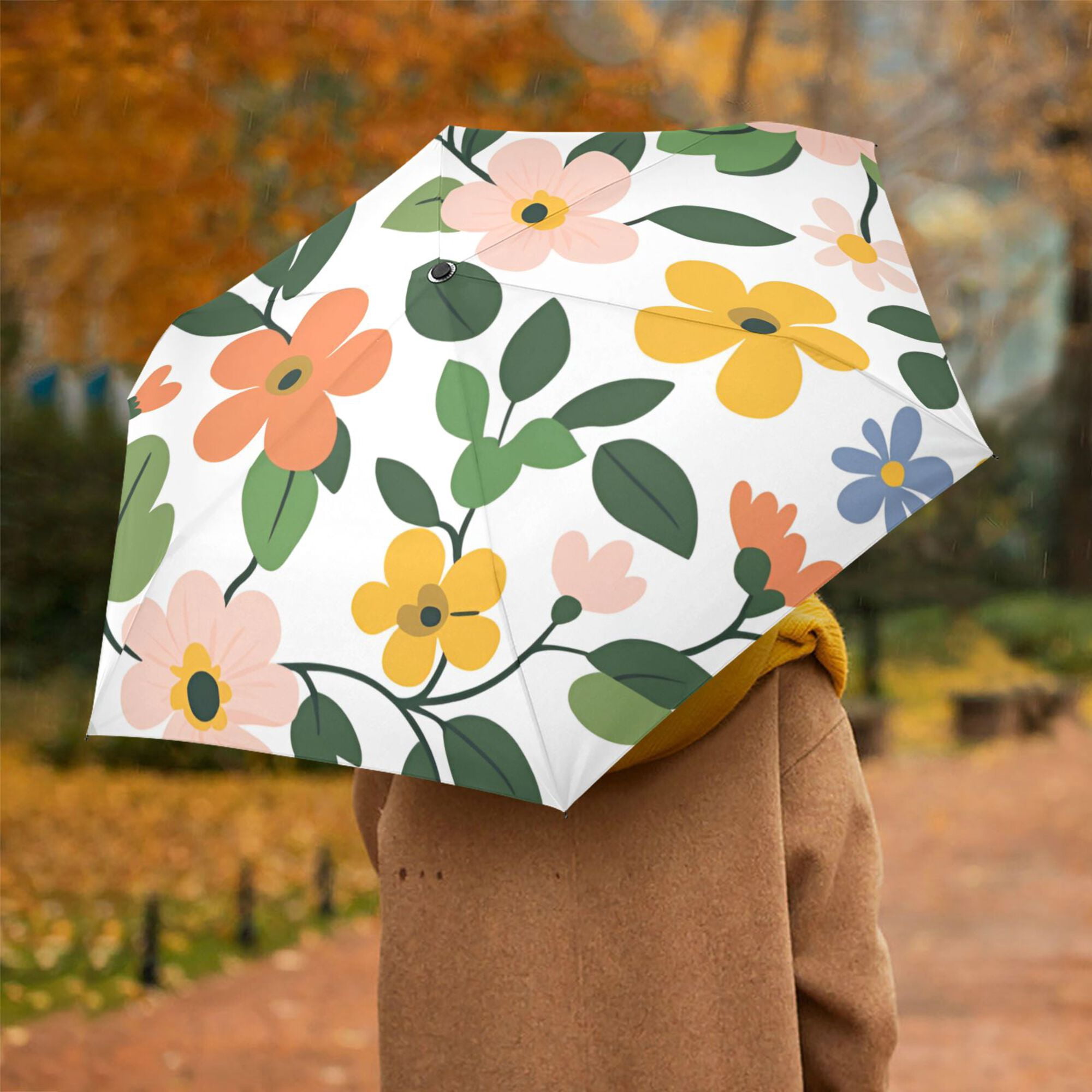 FORMRS Travel Umbrella Folding Auto Open Close Windproof Rain UV Protection, Retro Colorful Flowers