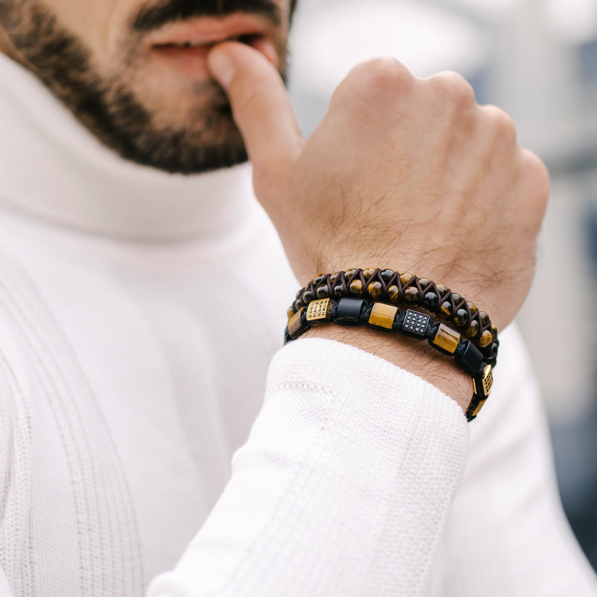 Men's Tiger Eye, Black Onyx Flat Bead Bracelet | Gift for Men | One Size Fits All | 100% Natural | Gemstone Adjustable Bracelet