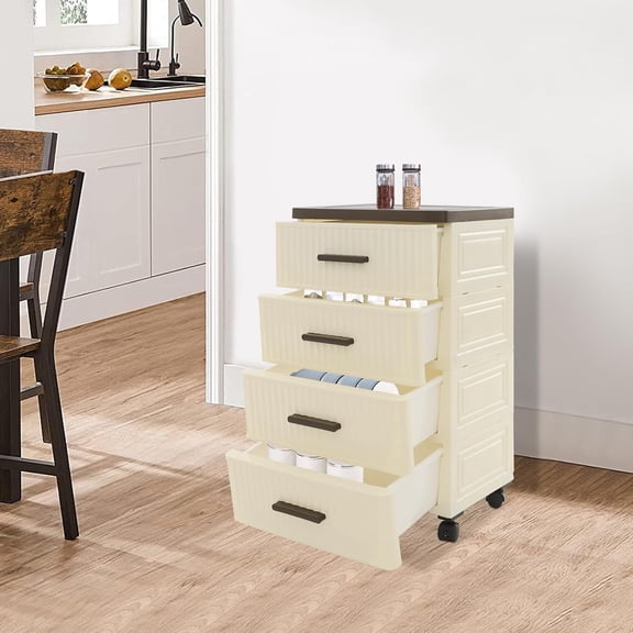 4 Tier Plastic Drawer Storage Cabinet, Floorstanding Storage Cabinet with 4 Universal Wheels, Night Stand, Modern Plastic Drawer Organizer Cart for Bedroom, Office, Living Room