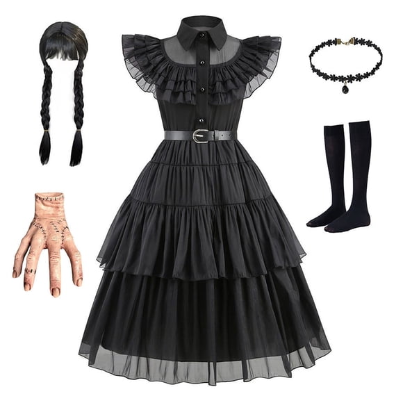 SATKULL Wednesday Dress for Kids Girls, Addams Family Cosplay Outfit Costumes for Hallo-ween Birthday School Party
