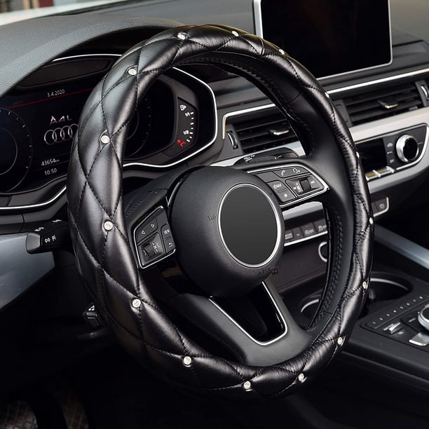 Funda para volante de piel de diamante con diamantes de imitación de cristal ostentosos, ajuste universal, protector de rueda de coche de 15 pulgadas, antideslizante, cuatro estaciones universal Adepaton WMZL-661-1