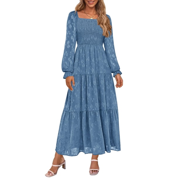 Vestido PRETTYGARDEN 2025 Floral de Manga Larga con Fruncido Azul Talla L