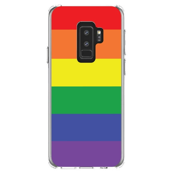 DistinctInk Clear Shockproof Hybrid Case for Samsung Galaxy S9  PLUS (6.2" Screen) - TPU Bumper, Acrylic Back, Tempered Glass Screen Protector - Rainbow Stripes Gay Pride - LGBTQ Support