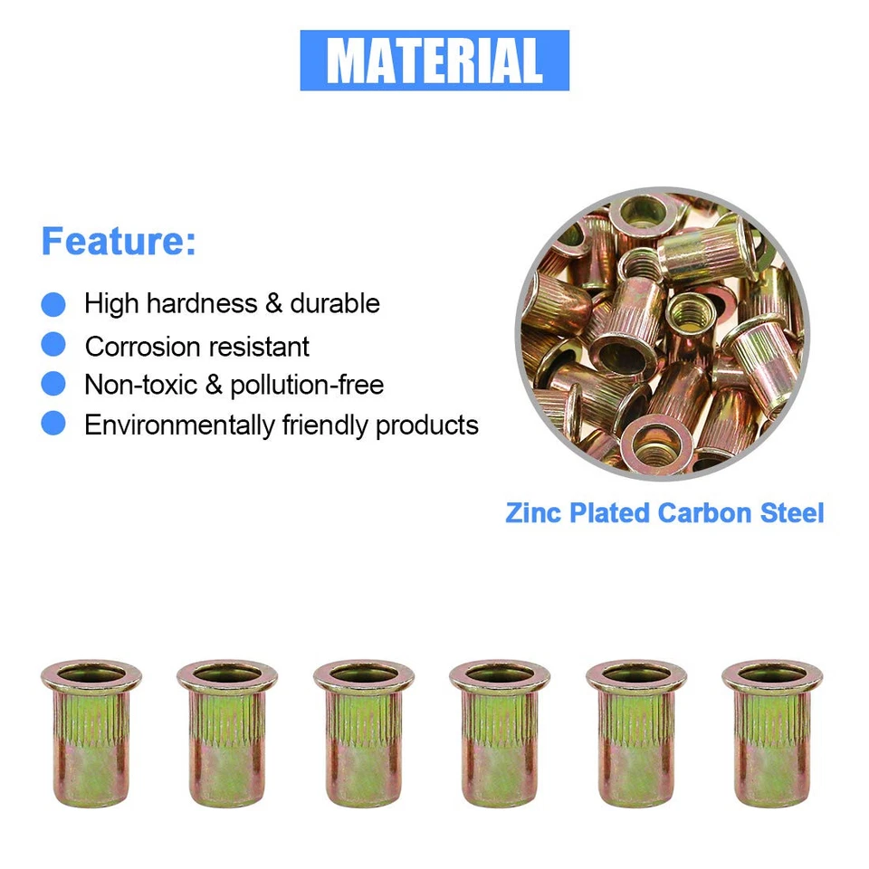 CIRCLE- 100Pcs Yellow 516 18Unc Carbon Steel Flat Head Rivet Nuts Insert Nut Set