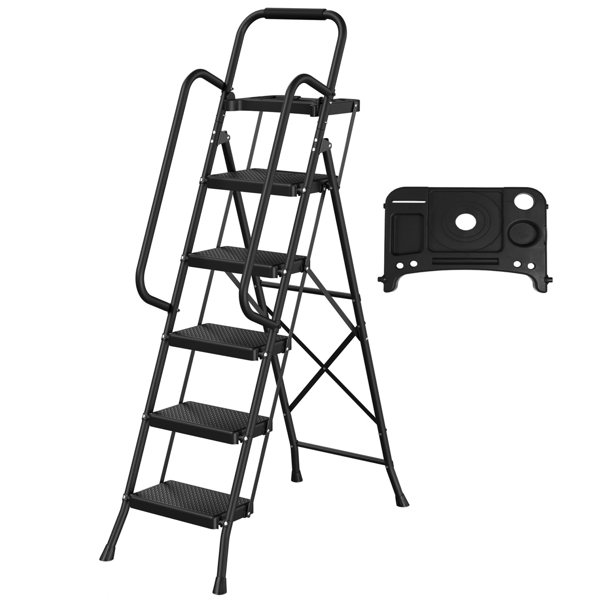 PhiloDeco 5 Step Ladder with Handrails and Tool Tray, Sturdy Metal Step Stool with Anti-Slip Wide Pedals & Safe-Lock Design, 450lbs Safety Ladder for Adults, Portable Folding Ladder for Home, Kitchen