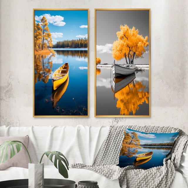 Designart "Reflecting on a Yellow Boat in Monochrome II" Boat Framed Wall Art Set Of 2 - Yellow Transportation Framed Canvas Set For Living Room Decor