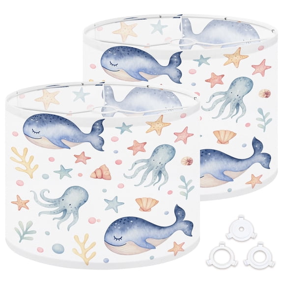 Lamp Shades Set of 2 Easy Assembly Sea animals blue watercolor ocean pettern fish turtle whale Drum Lampshades for Table Lamps Floor Lamps Pendant Light 13"x13"x10" Replacement Lamp Shade