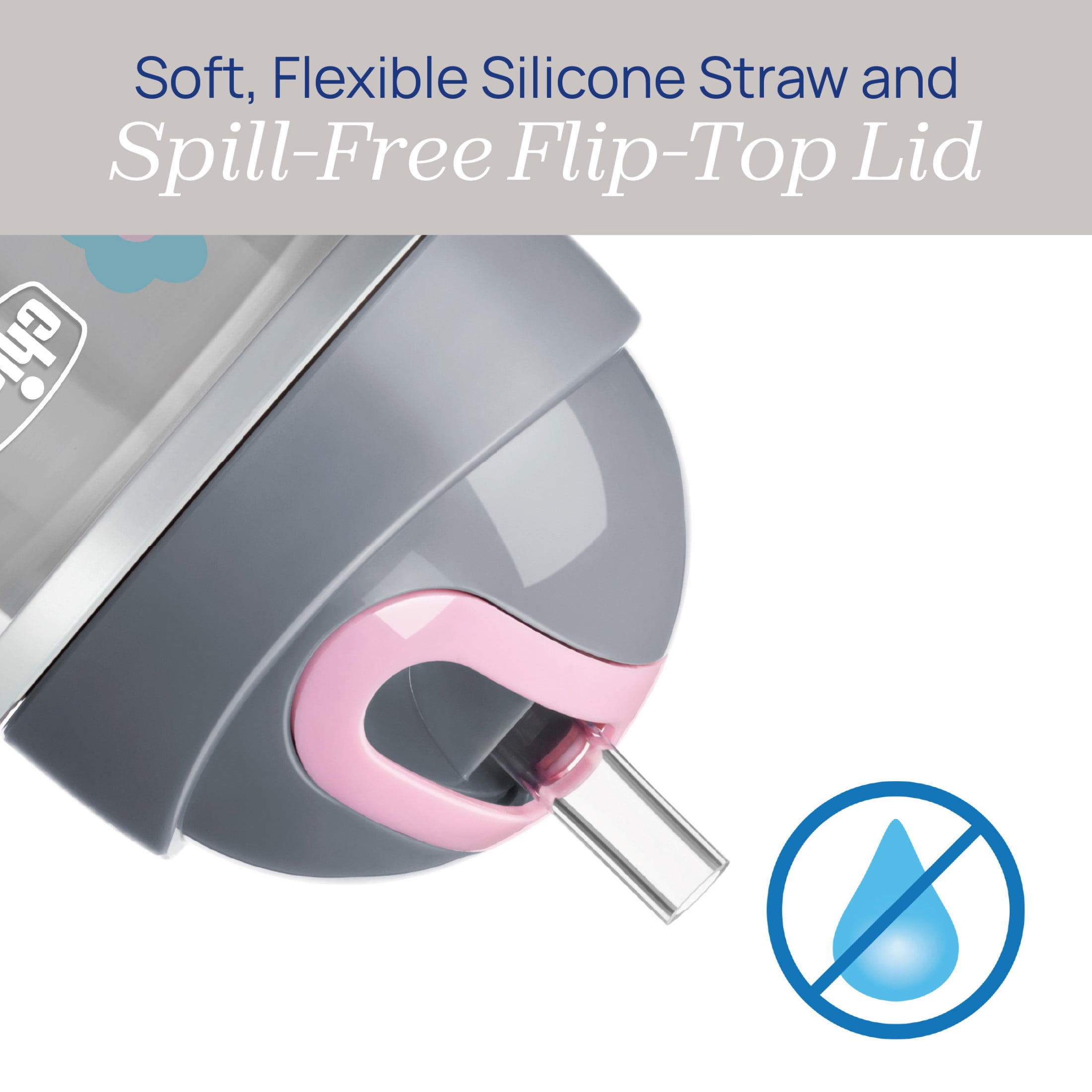 Chicco 9oz. Flip-Top Straw Trainer with Soft Silicone Straw and Double-Wall Insulation, 12m+, 2-Pack - Floral/Purple