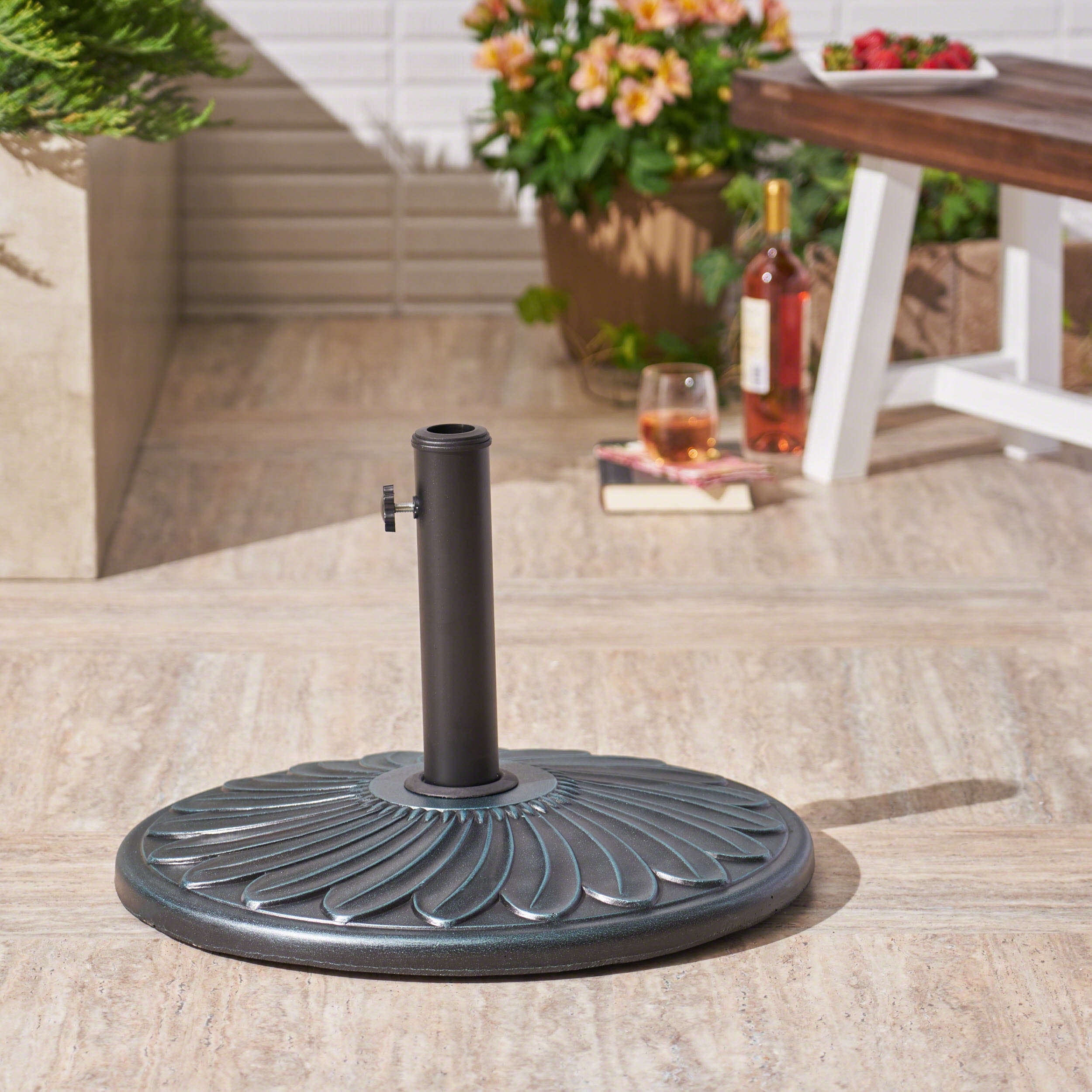 Outdoor 57lb Concrete Circular Umbrella Base, Weathered Bronze