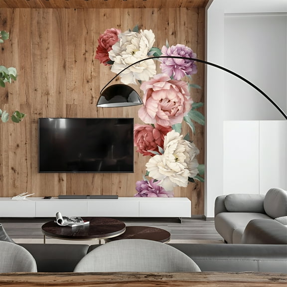 LAMIRO Peony Flower Wall Stickers,Removable DIY Flowers Wall Decals,Delicate Flower Green Leaves Wallpaper Peel and Stick Rose Floral Wall Art Mural