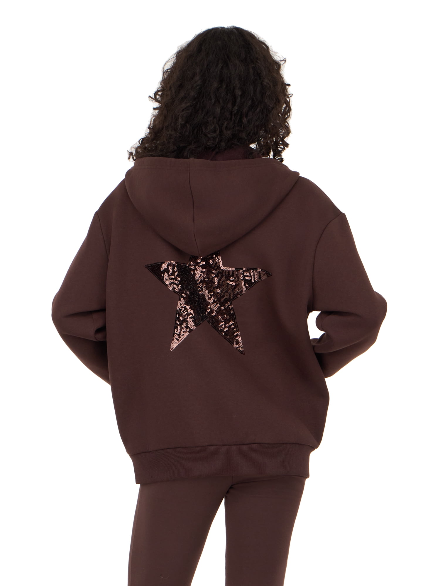 Forever 21 Women's Fleece Zip Up Hoodie with Front and Back Graphic Detail, Relaxed Fit Sweatshirt Jacket, Casual Everyday Layering Style, Brown, XXS-4X