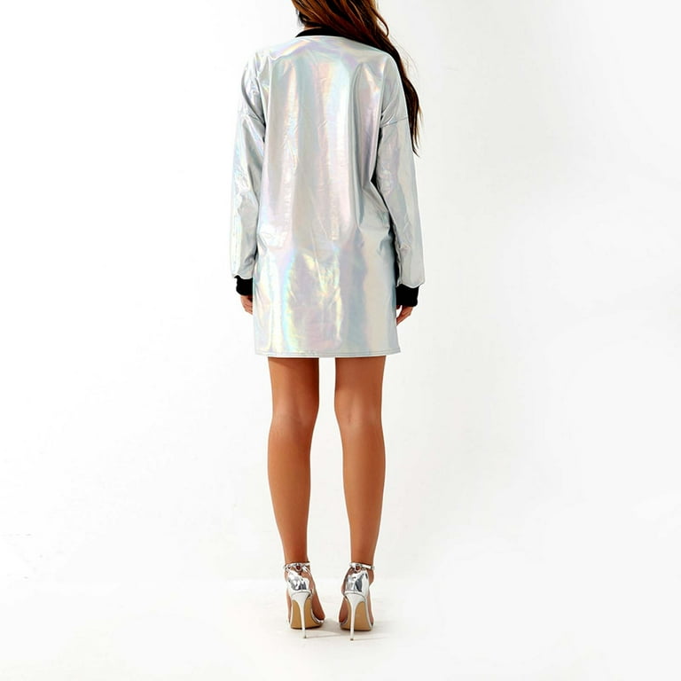 long sleeve metallic bodycon dress Riforla Women Shiny Metallic Round Neck Long Sleeve Bodycon Dress Loose  Party Club Mini Dresses for Women
