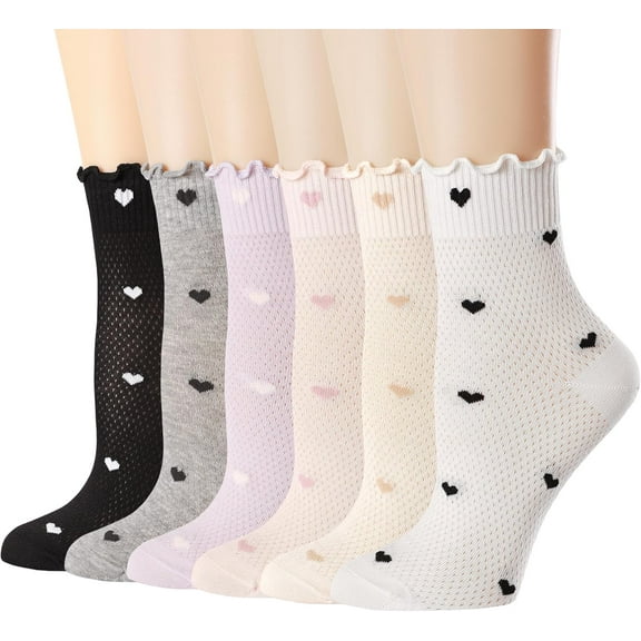 Women's Ruffle Socks,Casual Ankle Mesh Breathable Thin Cool Knit Cotton Cute Crew Frilly Sock 6 Pack