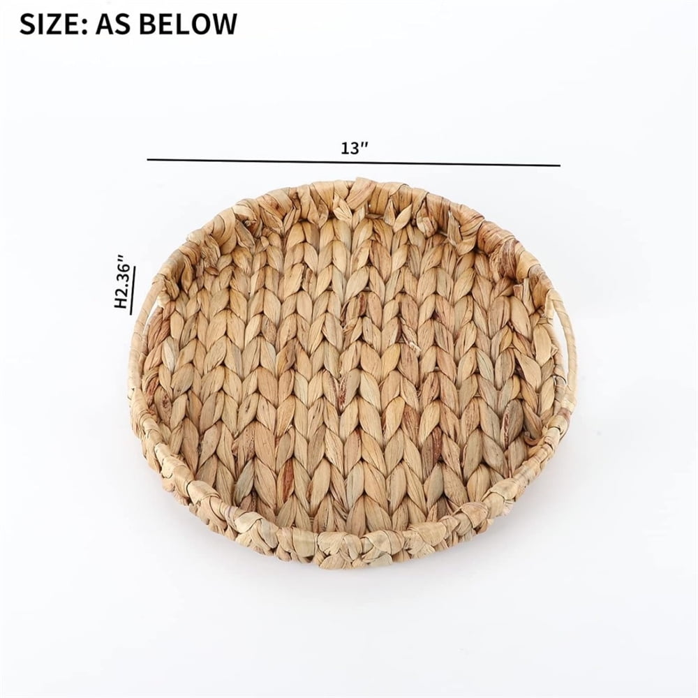 Hand Woven Wicker Tray,Round Tabletop Storage Baskets,Natural Water Hyacinth Serving Tray,Countertop Fruit Baskets,Home Decorative Tray,for Breakfast Snacks Sundries Organizer 13Inch