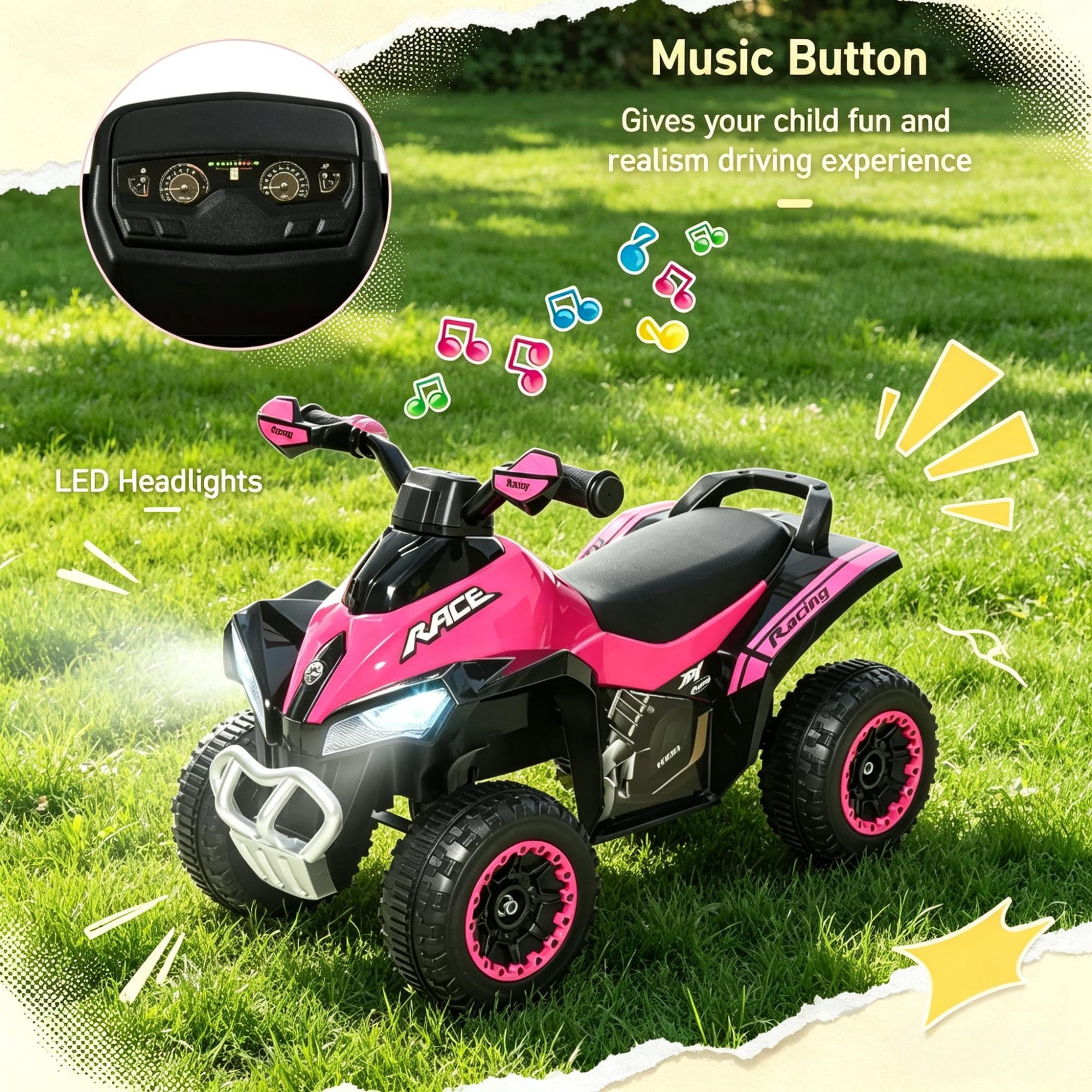 Non-Electric Toddler Ride-On Push Car, Foot-to-Floor Sliding Ride Racer ATV Toy with Music & Lights for 1.5-3 Year Old Kids, Pink