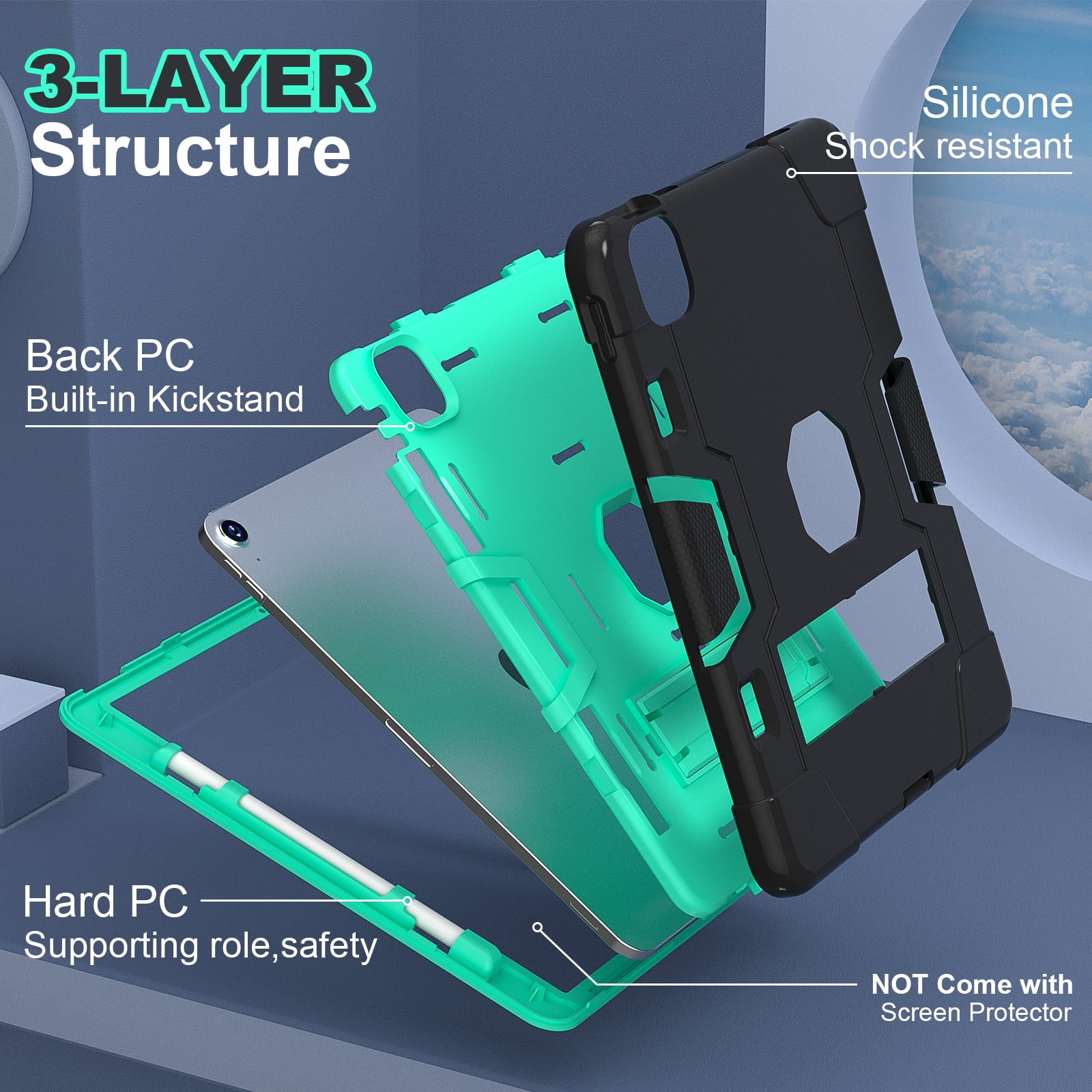 ELEHOLD for iPad Air 11 Inch Case 2024 Release, iPad Air 11 (M2) Case with Pencil Holder and Kickstand, Heavy Duty Shockproof Protective Cover,Black+Mint