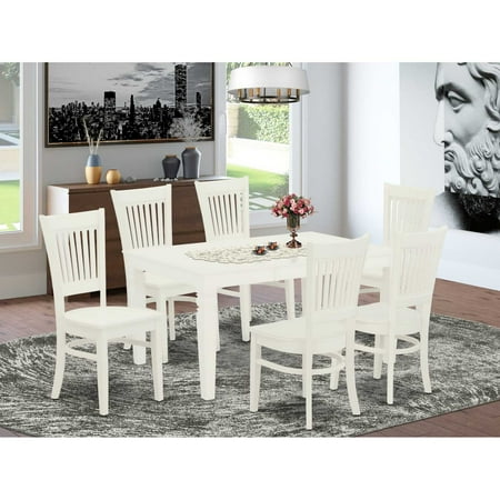 East West Furniture WEVA7-LWH-W 7-Piece Dining Room Set 6 Dining Chairs with Slatted Back and a Wooden Seat and Butterfly Leaf Dining Room Table with Rectangular Top and 4 Legs- Linen White Finish