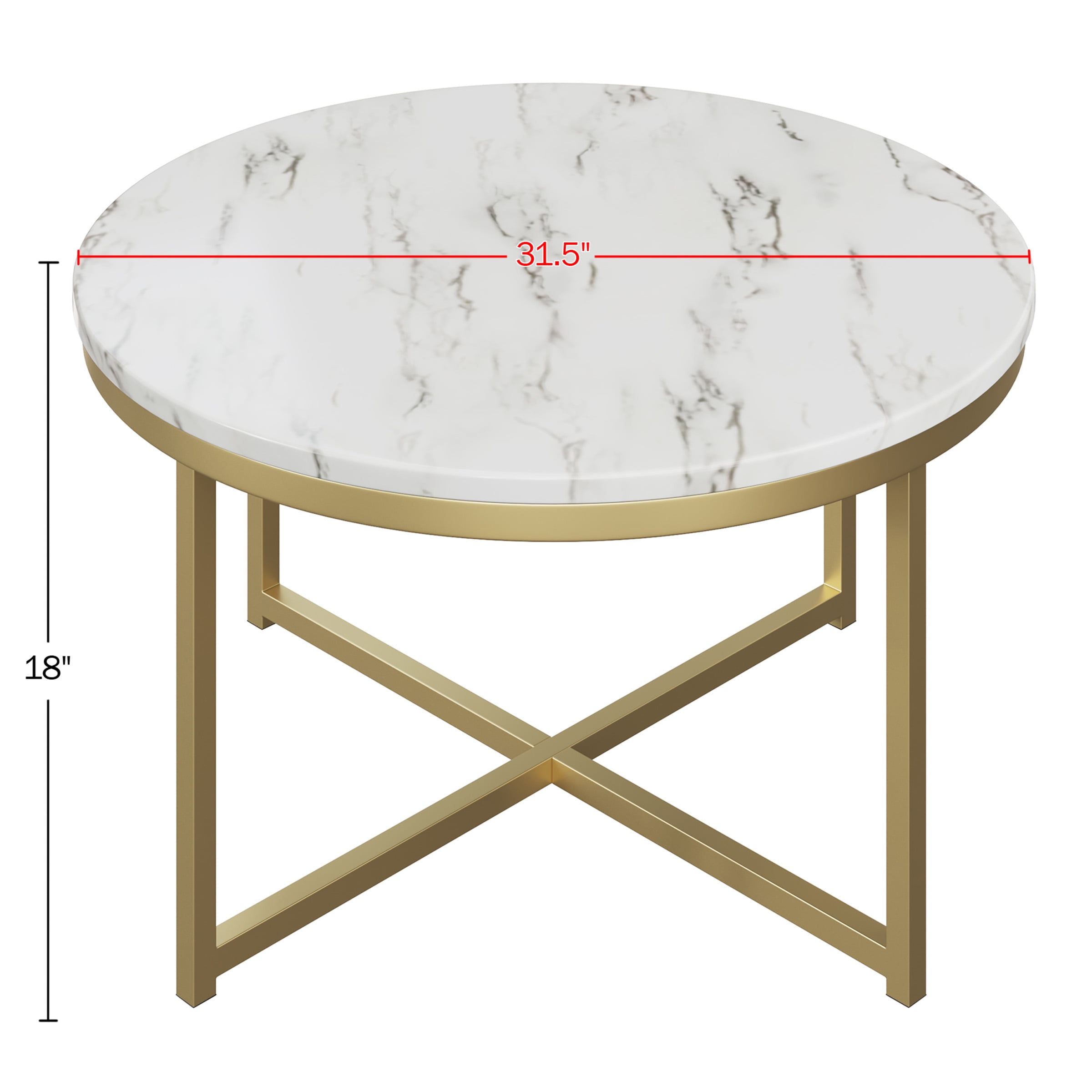 Lavish Home Round Coffee Table for Living Room, Faux Marble Top Center Table with Metal Crossbeam Base, White/Gold