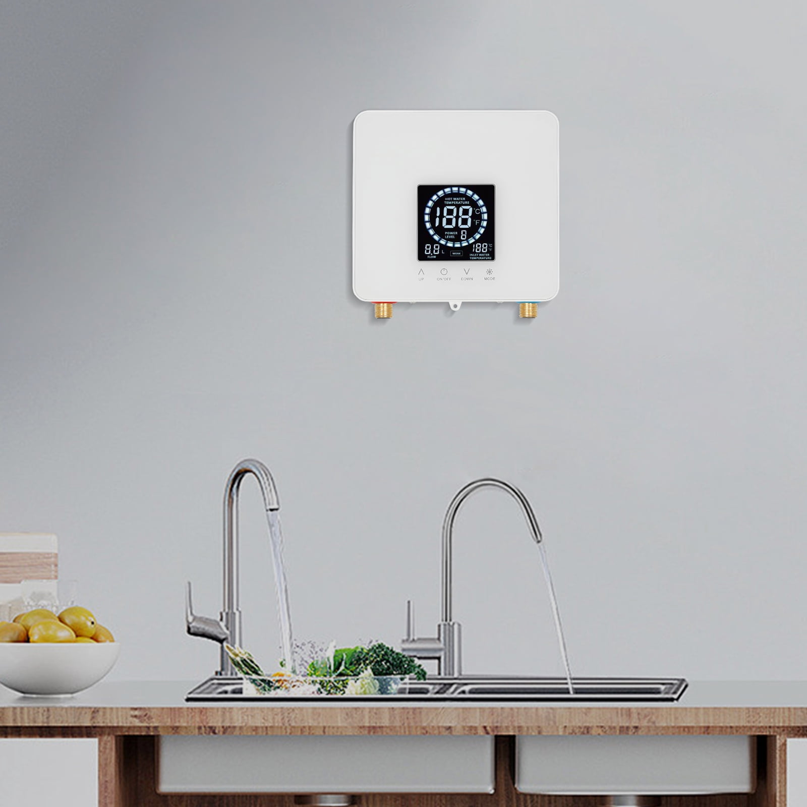 8.86*8.27*2.95in Wall Mounted Rectangular White Instant Electric Water Heater with LED Display for Bathrooms