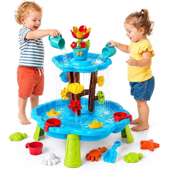 Cuopluber Flower Water Sand Table for Kids 2-Tier Outdoor Water and Sand Play Table Toy Set with 11 Piece Water Toy Accessories Summer Gift for Boys Girls