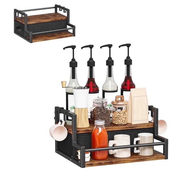 Coffee Syrup Organizer Rack, 2-Tier Coffee Bar Organizer with Cup Storage Drawer, Countertop Syrup Bottle Holder Stand for Coffee Station