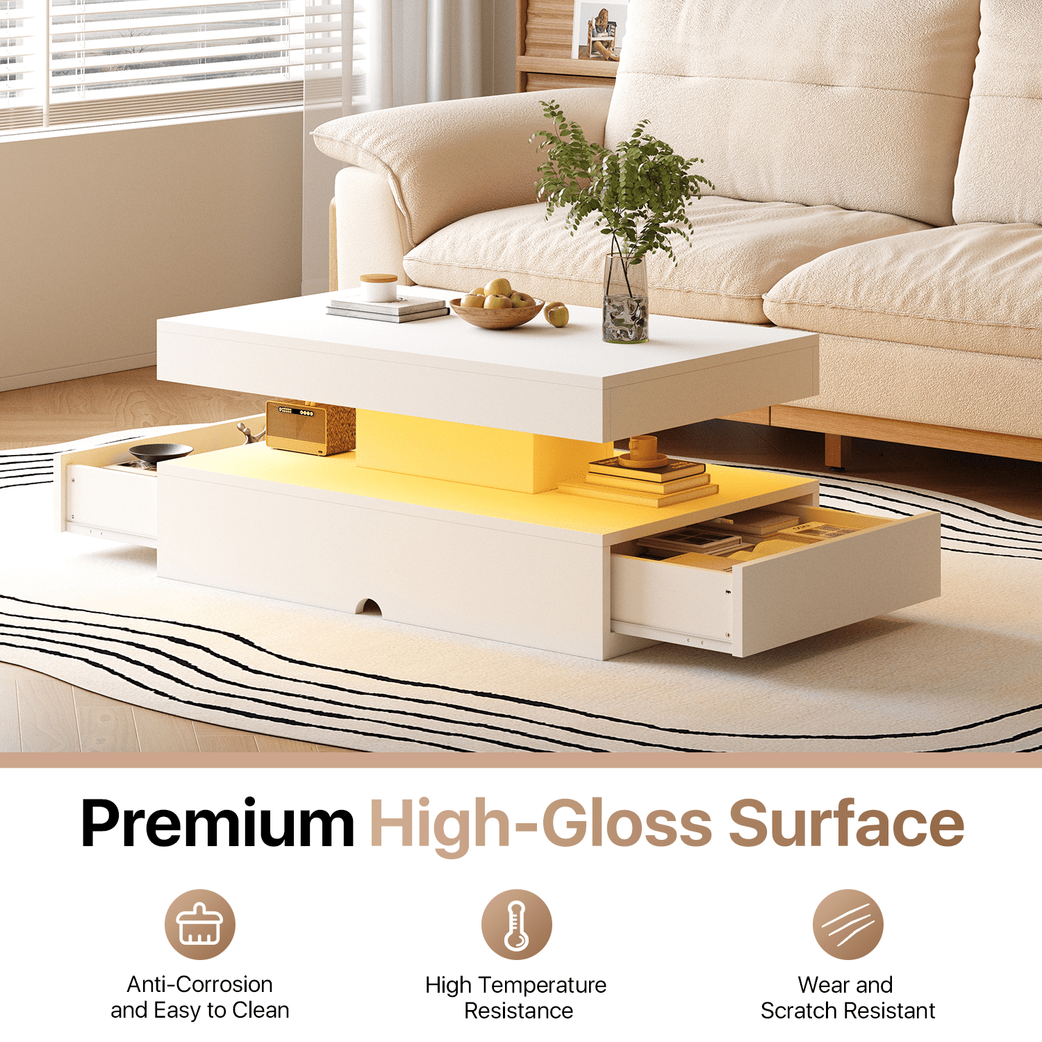 Sonegra 39" High-Glossy LED Coffee Table, Storage Coffee Table with 2 Sliding Drawers for Living Room, Modern Stylish Double-Layer Center Tables with LED Lights, White