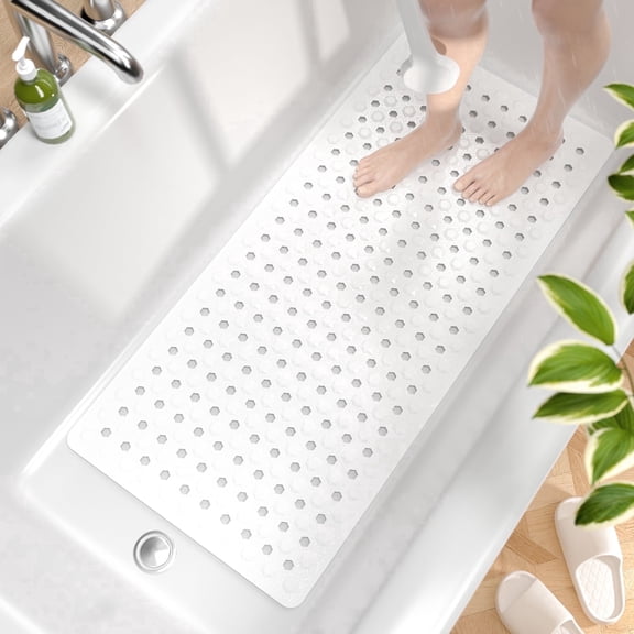 HITSLAM Bath Tub Shower Mat,35"x16" Washable Bathtub Mats,Suction Cups and Drain Holes to Keep Tubs Clean,White