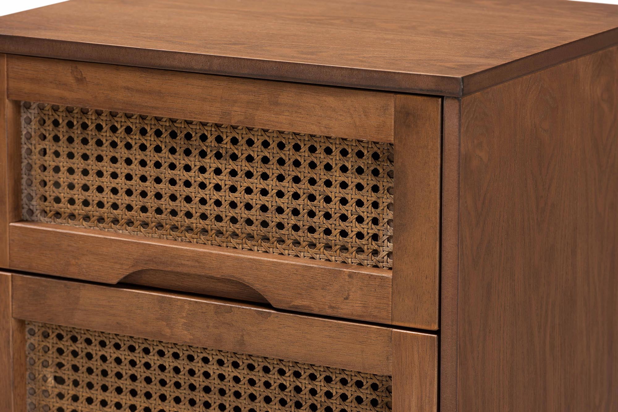 Baxton Studio Nura Mid-Century Modern Walnut Brown Finished Wood and Rattan King Size 3-Piece Bedroom Set
