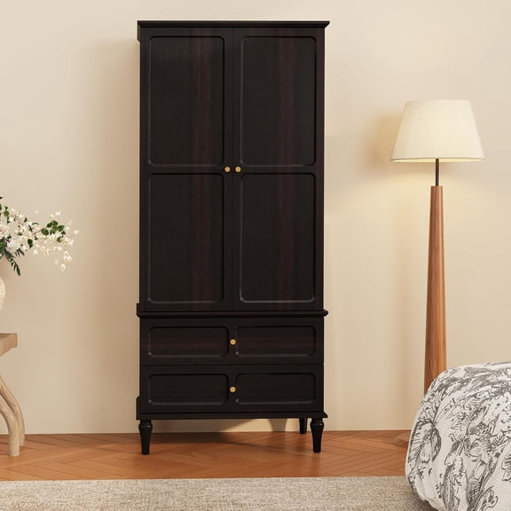 HLR 71" Mid-Century Modern Armoire Wardrobe Closet with Doors and Drawers,Wooden Armoire Storage Cabinet with Hanging Rod for Bedroom,Large Capacity Storage,Black