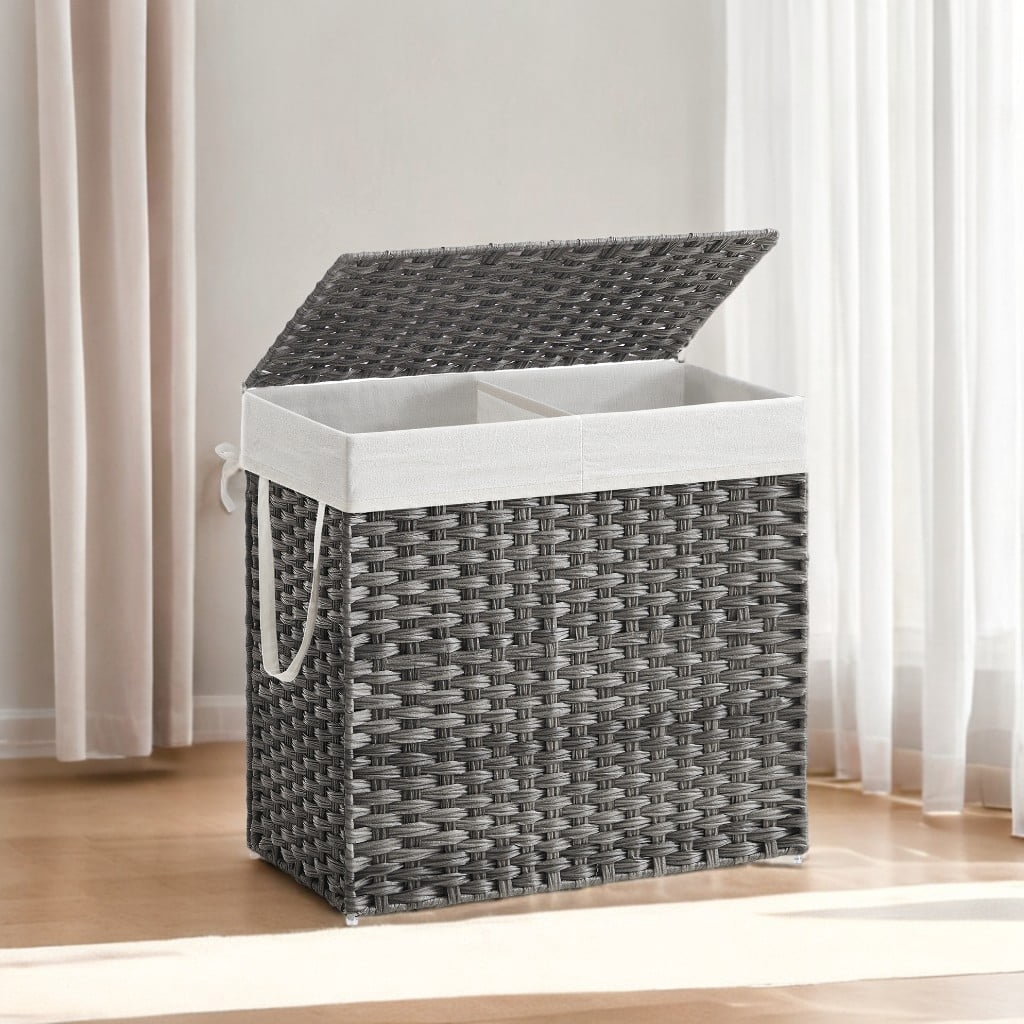 130L Double Laundry Hamper with Lid Clothes Hamper with 2 Removable Liner Bags and 6 Mesh Bags Laundry Storage for Laundry Room Gray