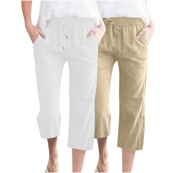 JIUKE 2PC Capri Pants for Women Casual Loose Comfy Cotton Linen Pants Lightweight Cropped Lounge Trousers with Pockets