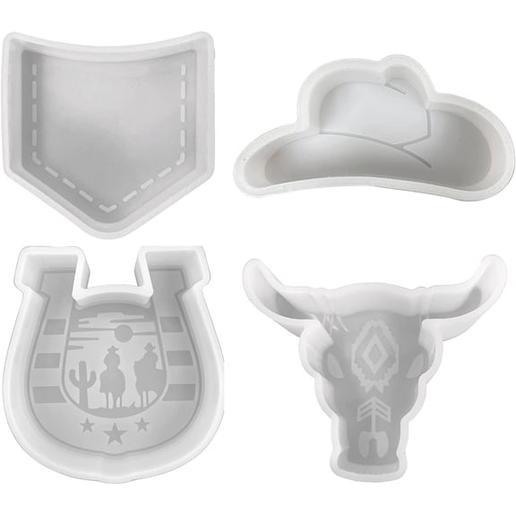 Western Theme Freshie Molds Bulk 4pk Longhorn Bull Skull, Jean Pocket, Horseshoe, Cowboy Hat Car Freshie Silicone Mold for Scented Aroma Beads, Car Candle, Soap Oven Safe Bake Heat Resistant to 400 F