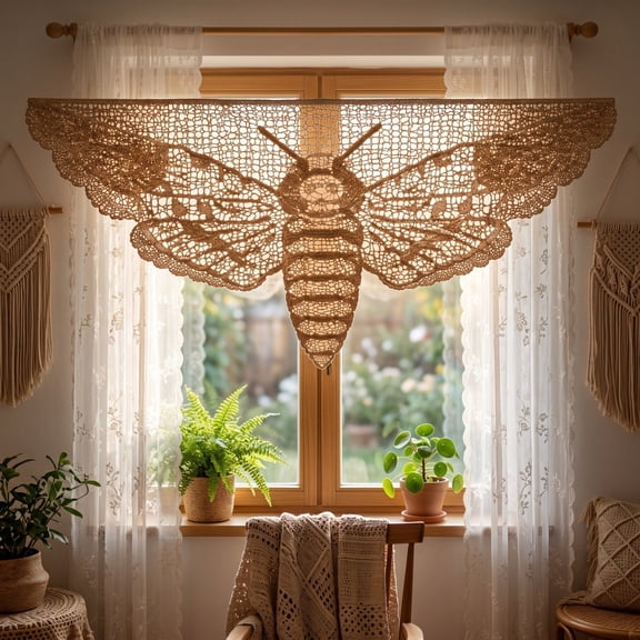 WDOBM Window Curtains, Privacy Curtains, Large Handmade Cotton Boho Crochet Wall Hanging, Sheer Curtains, Light Filtering Curtains for Living Room Curtains
