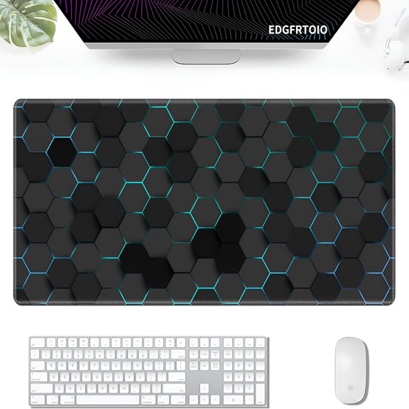 LAMIRO Gaming Mouse Pad, Keyboard Mouse Pad 31.5x15.7 inch XXL Large Computer Laptop Cool Desk Mat with Non-Slip Rubber Base and Stitched Edge for Home Office Work, Blue Honeycomb