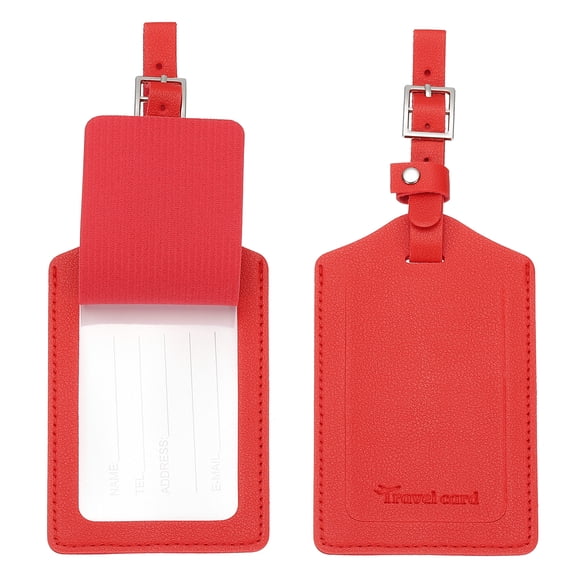 Suitcase Luggage Tags, Red PU Leather Tags with Private Protection, 2 Pcs