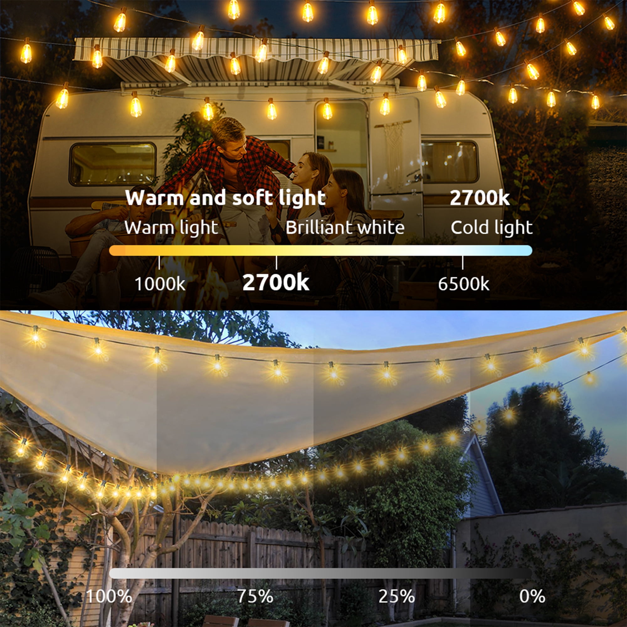 Luziki Lighting 106 Ft Outdoor LED String Lights with 54 ST38 Vintage Edison Bulbs (2700K Warm White) - Waterproof, Connectable, for Patio, Garden, Pergola, Bistro, Café & Backyard - Black Wire