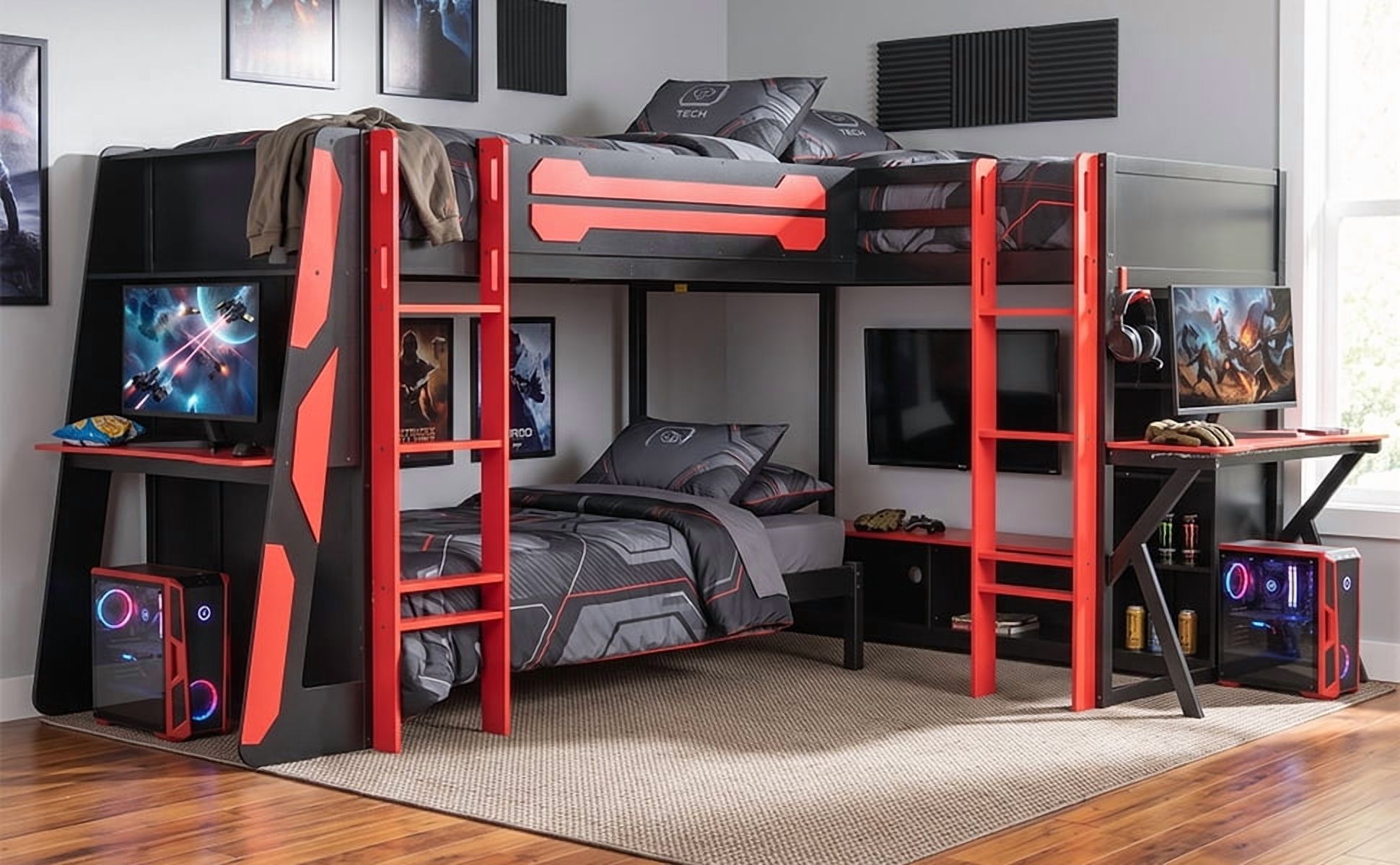 Mintazer L-Shaped Triple Twin Gaming Bunk Bed with 2 Gaming Desks & RGB LED Lights, Triple Bed Frame with USB Charging, TV Stand & Storage Shelves for Bedroom, Black & Purple