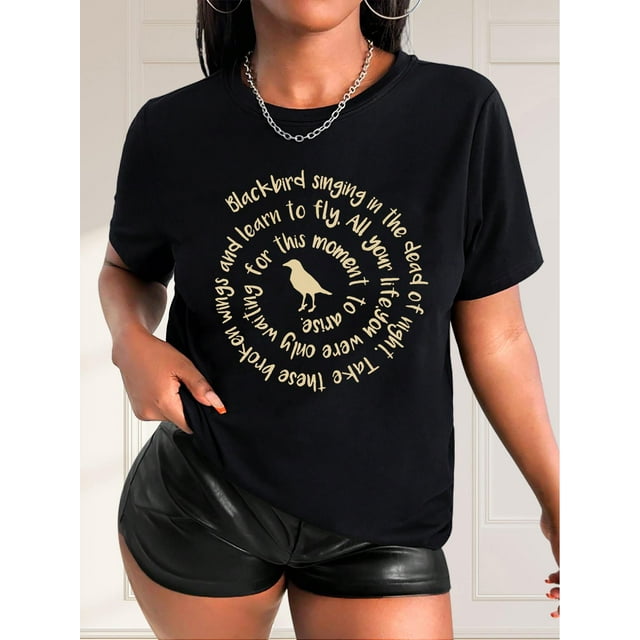 Camiseta De Verano MujerChic 3D Bird & Letter Print Casual Tee for Women - Crew Neck, Short Sleeve, Breathable Polyester - Perfect for Spring/Summer/FallFather's Day, Mother's Day, New Year, Spring