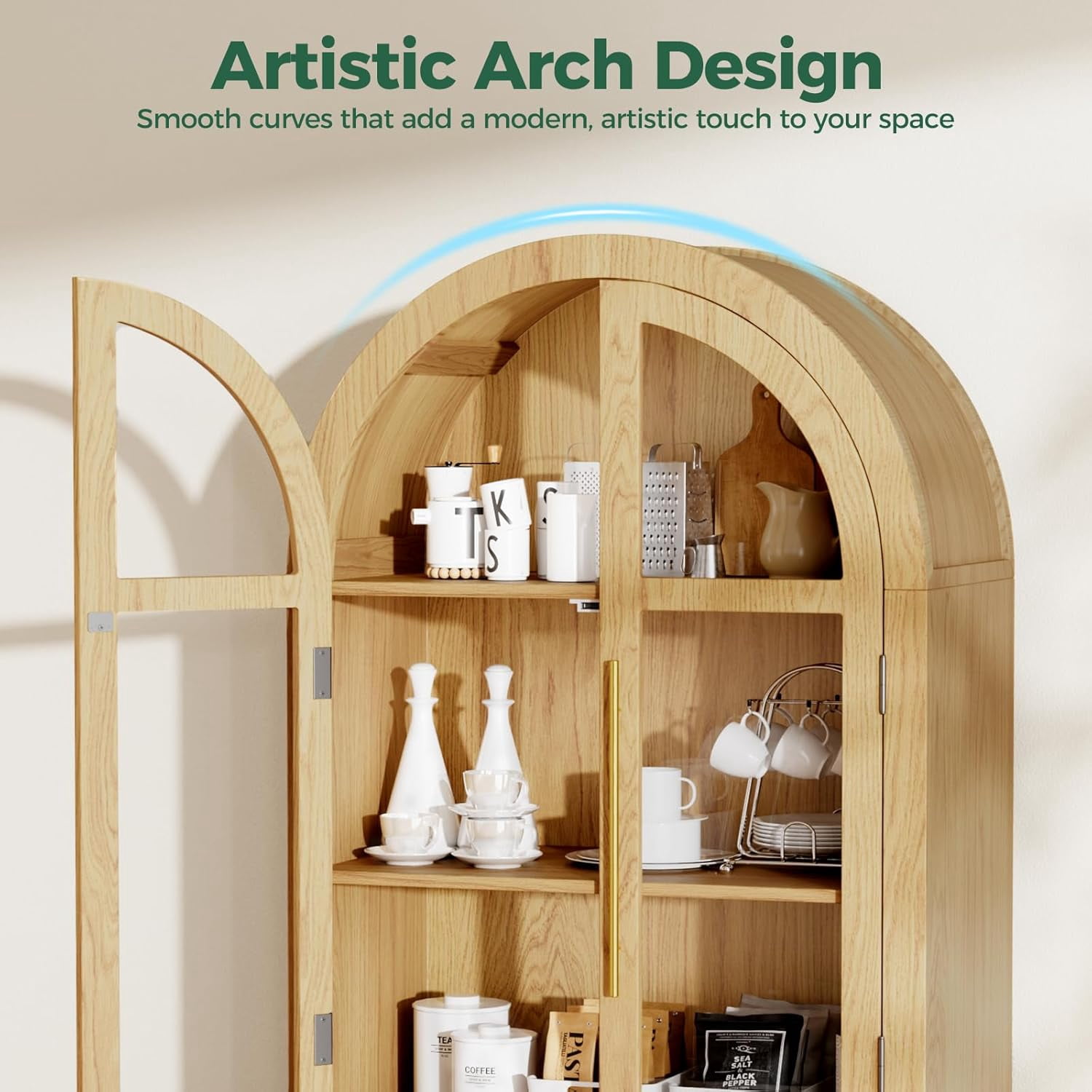 MAYEERTY 71"H Arched Accent Cabinet, Wood Kitchen Pantry Cabinets with Glass Rattan Door and Adjustable Shelf for Living Room, Dining Room, Natrual