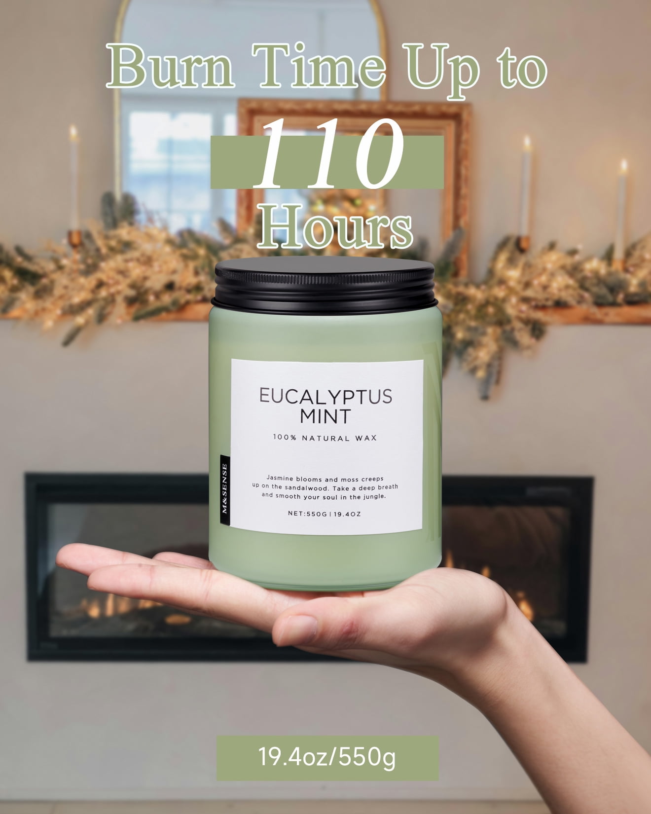 M&SENSE Eucalyptus Mint Scented Candle, 19.4oz Natural Soy Jar Candles for Home, Large 2 Wick, Up to 110 Hours Burn time, Natural Organic Fragrance