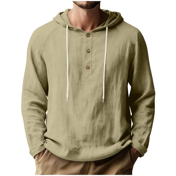 Mens Linen Shirt Sevevn Men's Casual Henley Hoodies Lightweight Long Sleeve Textured Hooded Tops Khaki 2XL