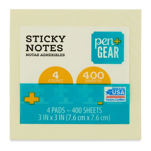 Pen + Gear Yellow Sticky Notes, 3" x 3", 400 Sheets, 4 Pads